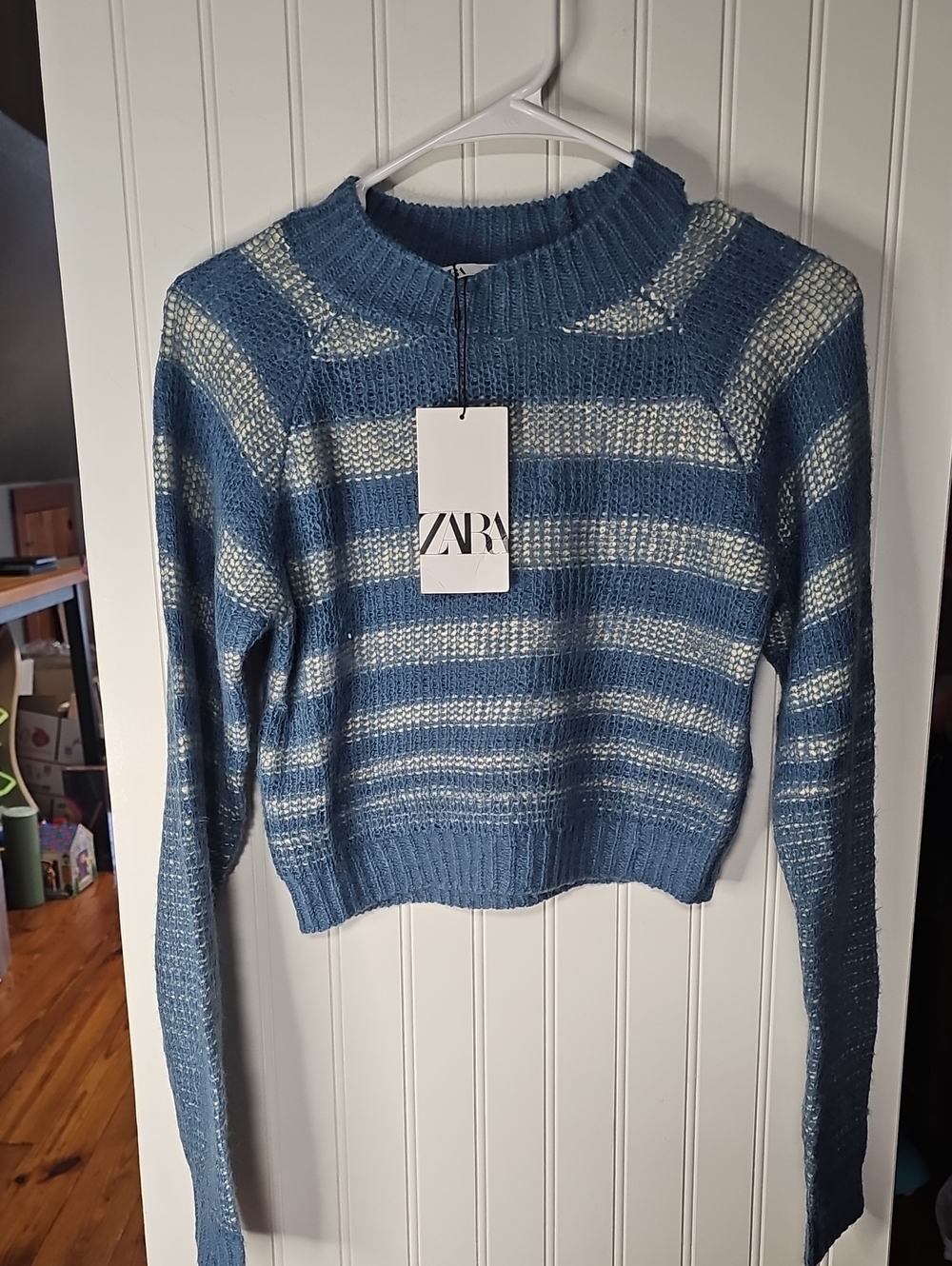 ZARA Blue and Cream Striped Knit Crew Sweater
